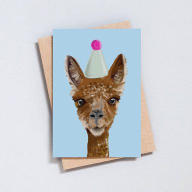 wenskaart Lama Lama met een feesthoedje op een blauwe achtergrond.